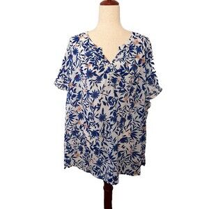 Liz Claiborne Woman 3X Floral Blouse Blue White Short Sleeve Lightweight Top